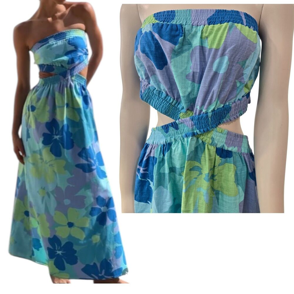 SABO Skirt Dress Womens L Holland Midi Cutout Strapless Tropical Floral 27" slit